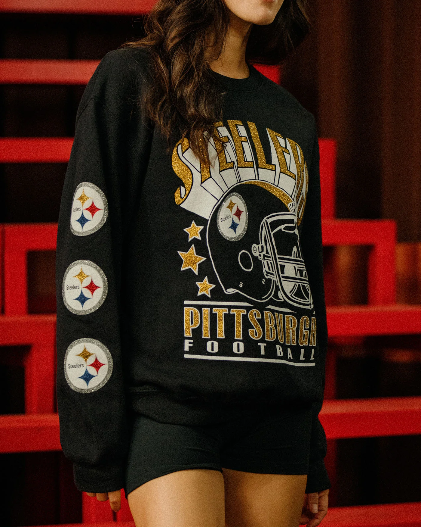 Pittsburgh Steelers Glitter Helmet Flea Market Crew Fleece - Image 2