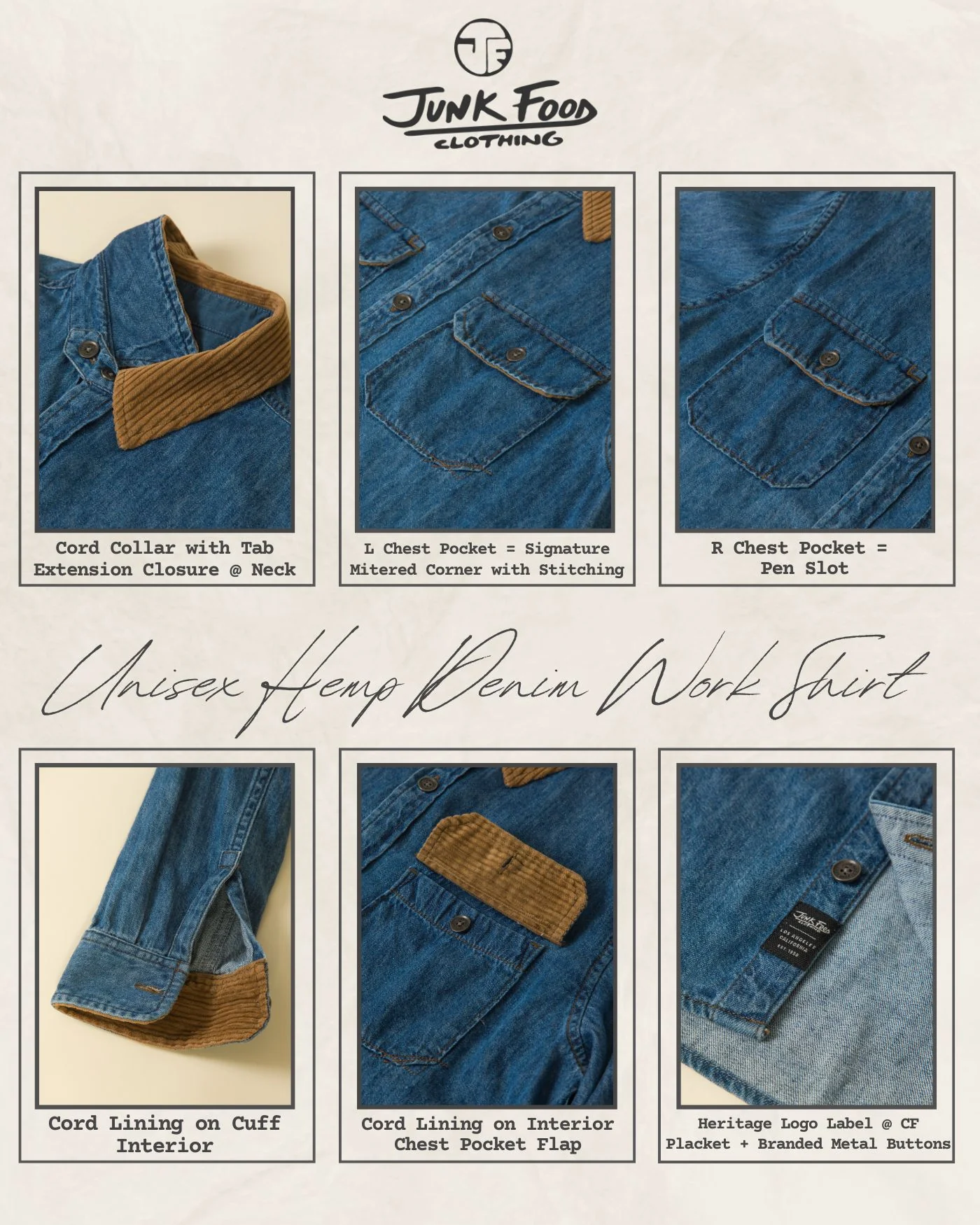 Unisex Hemp Denim Corded Collar Work Shirt - Image 10