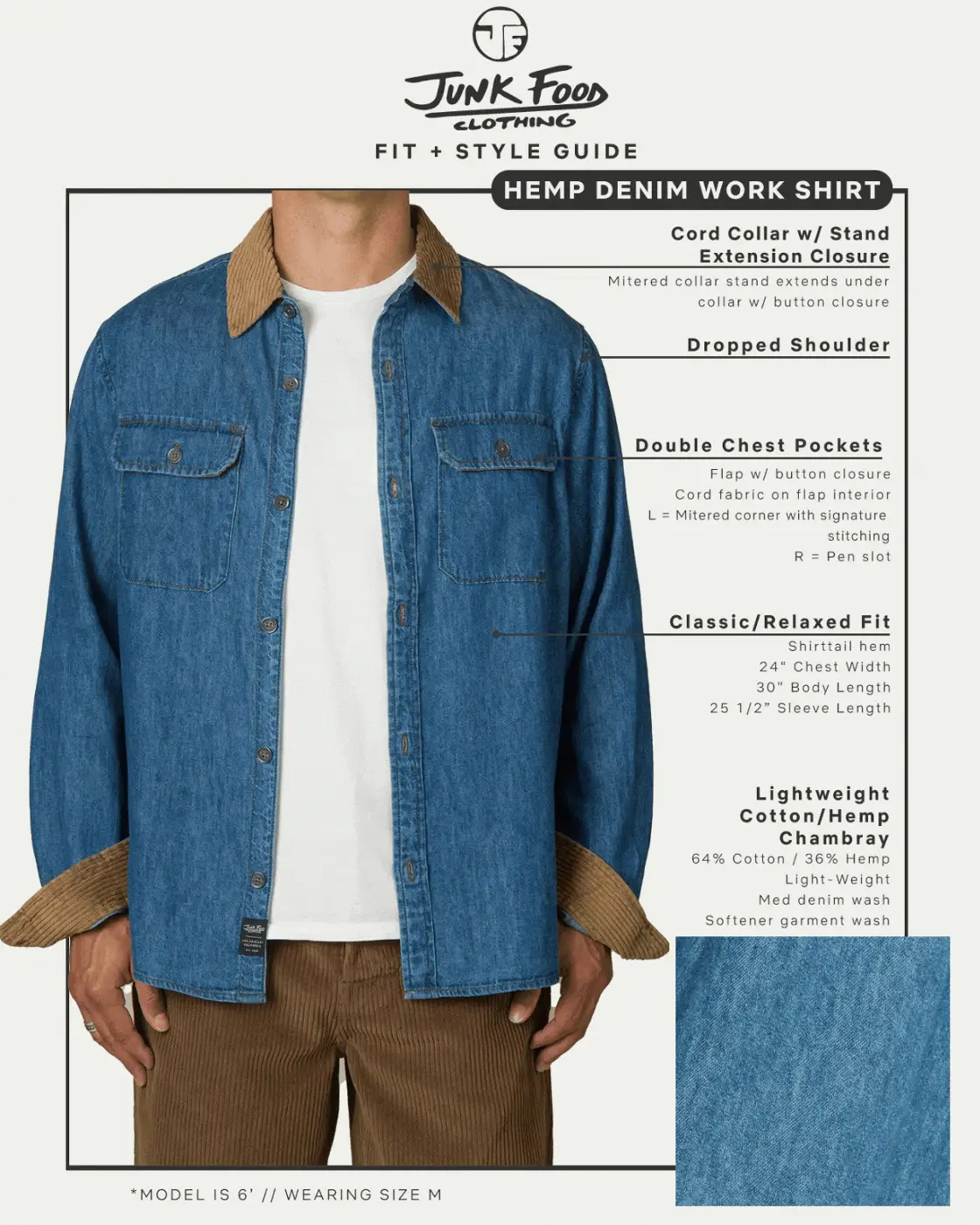 Unisex Hemp Denim Corded Collar Work Shirt - Image 9